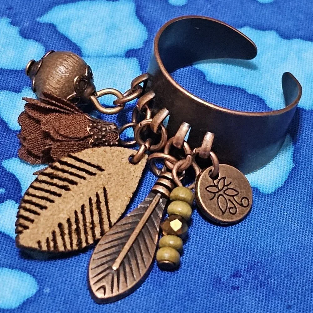Ring. Bohemian Style Adjustable Antique Bronze Feather Tassel Bead Charms. OSFM. - Picture 5 of 10